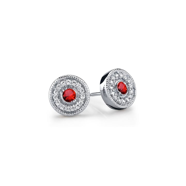 Ruby And Diamond Halo Stud Earrings In 14K White Gold | Thumbnail 01