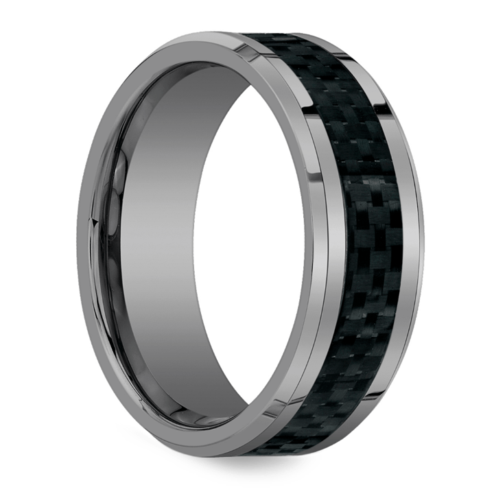 Mens Tungsten Wedding Band With Beveled Carbon Fiber Inlay (8mm) | Thumbnail 02