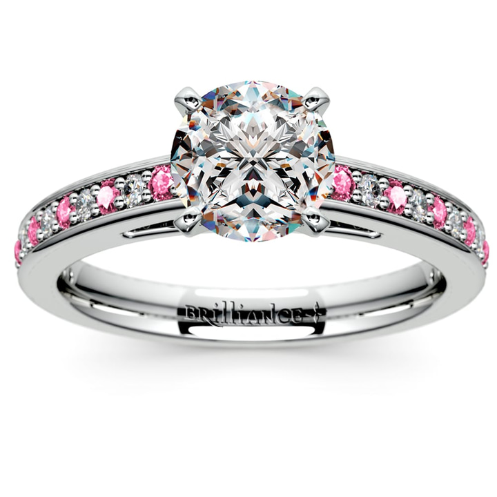 Pink Sapphire And Diamond Cathedral Engagement Ring In Platinum | Thumbnail 01