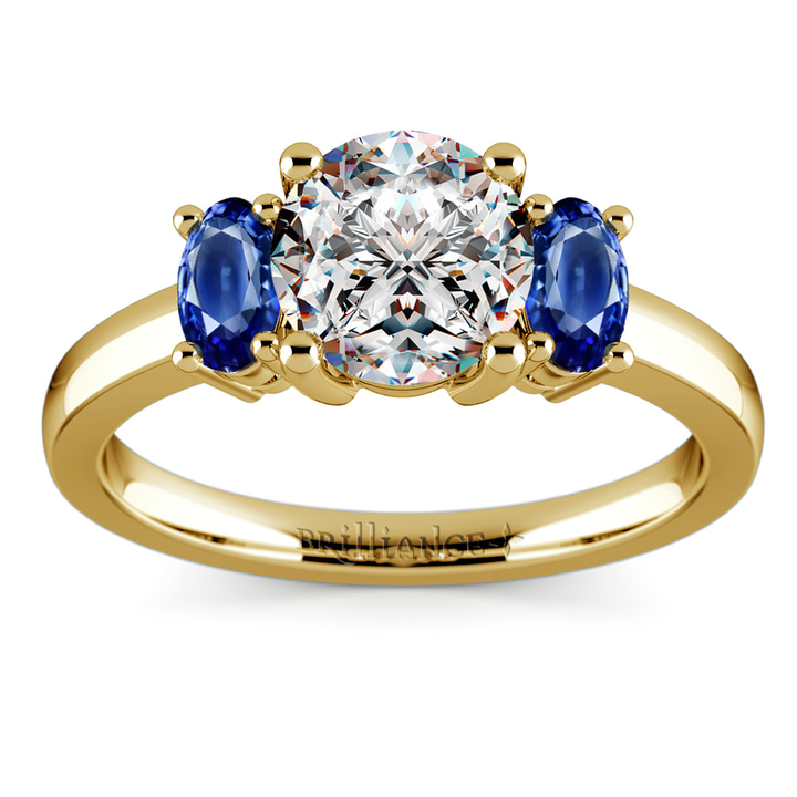 Gold 3 Stone Blue Sapphire Oval Engagement Ring | Thumbnail 01