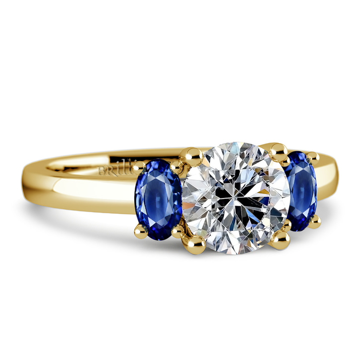 Gold 3 Stone Blue Sapphire Oval Engagement Ring | Thumbnail 04