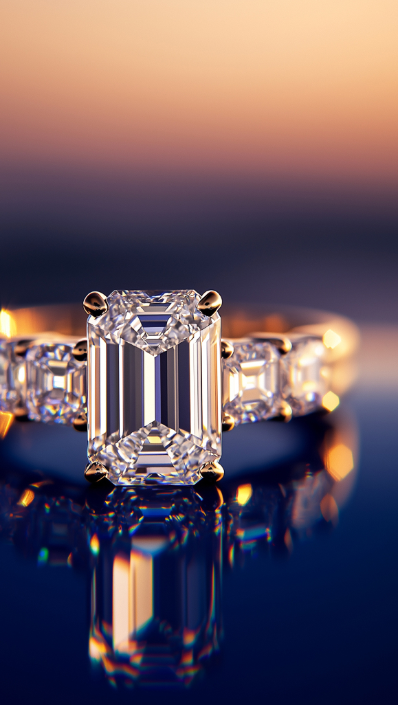 Custom Designed Engagement Ring on a Blue Glossy Surface