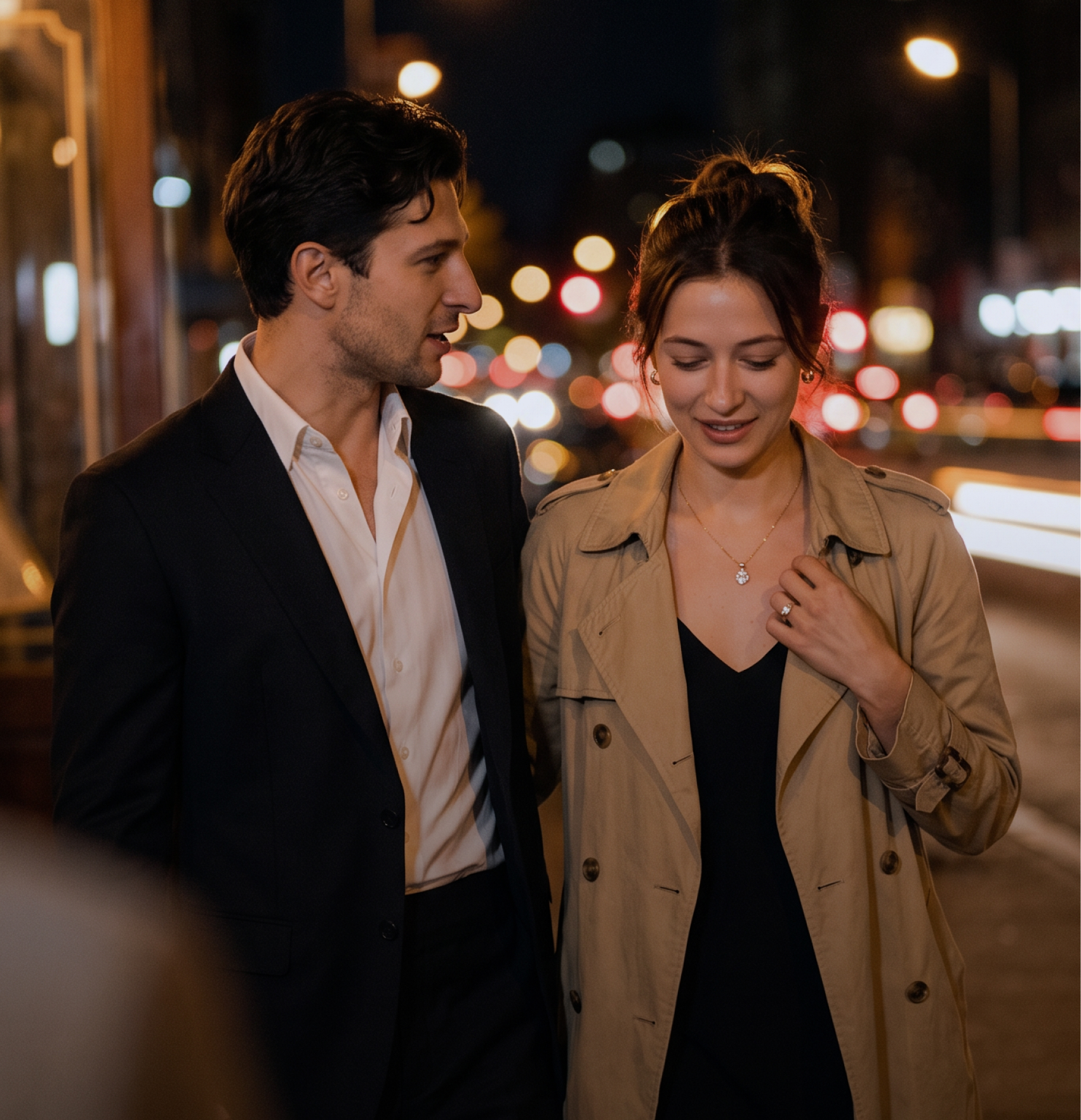 Couple holding hands on a wet New York street at night