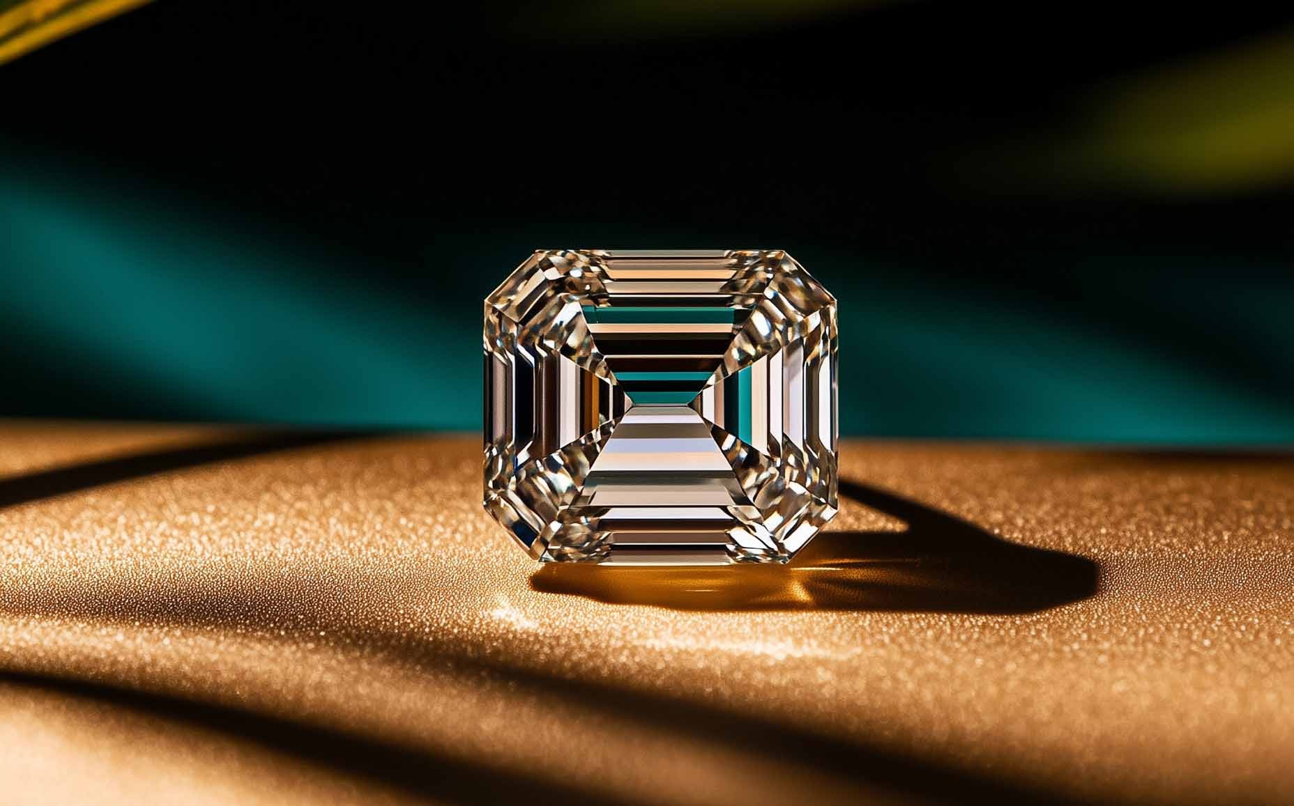 Emerald cut diamond on gold surface