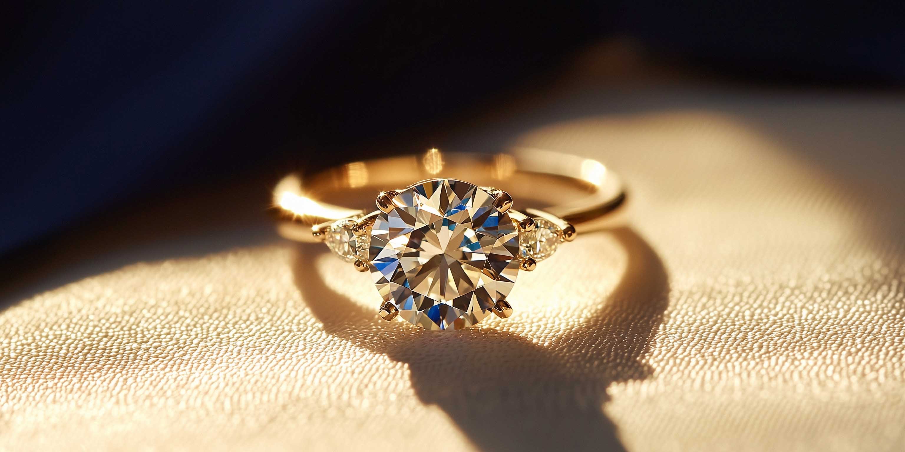 Beautiful three stone gold engagement ring on textured surface