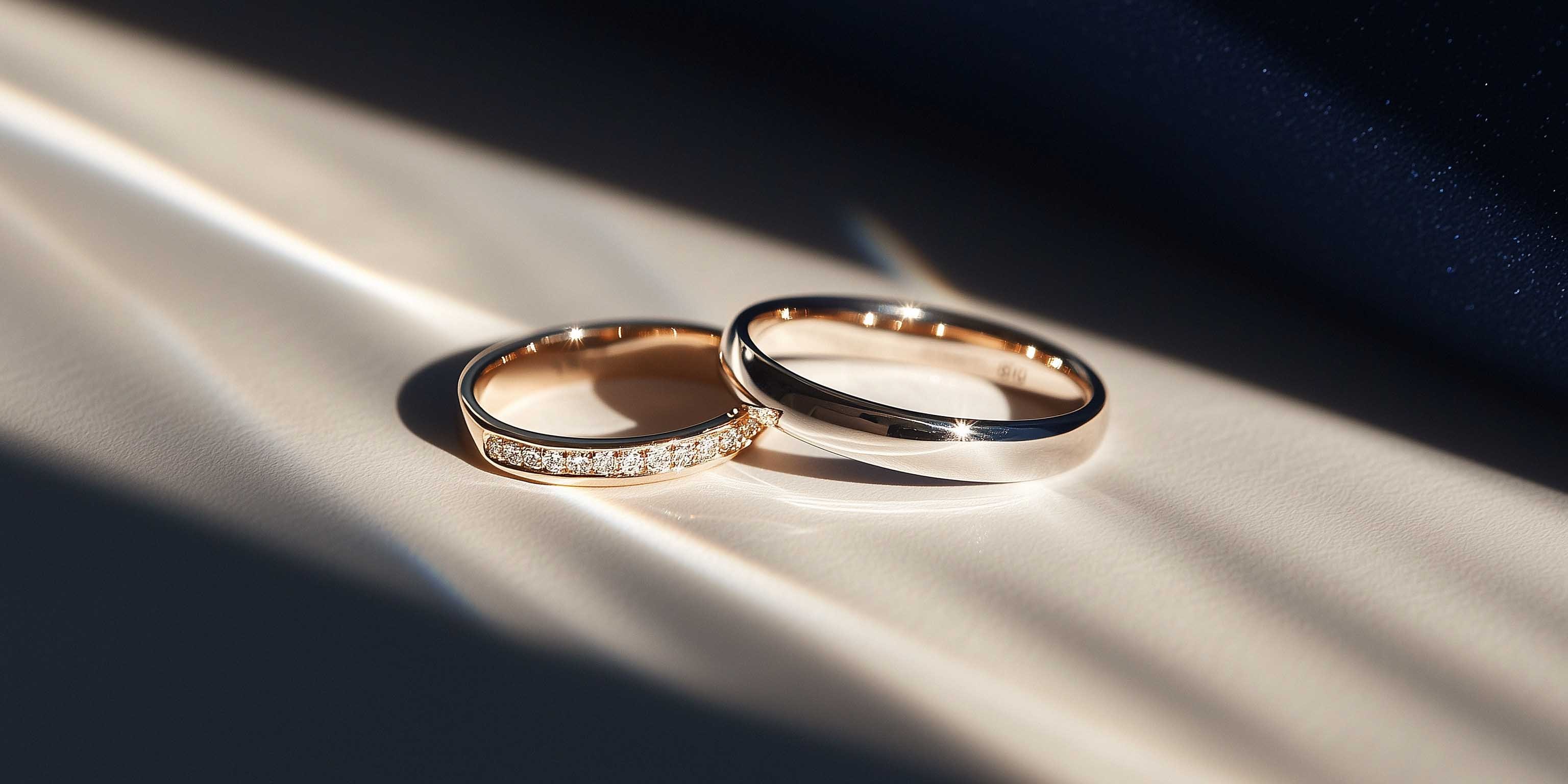 Two wedding bands on white surface
