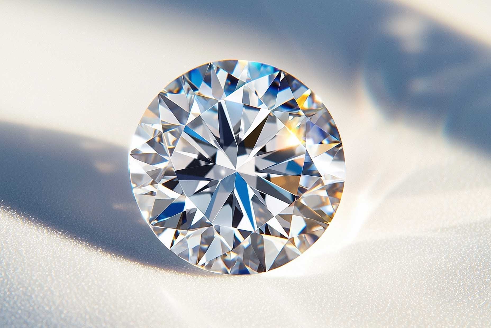 Sparkling round lab diamond on white surface