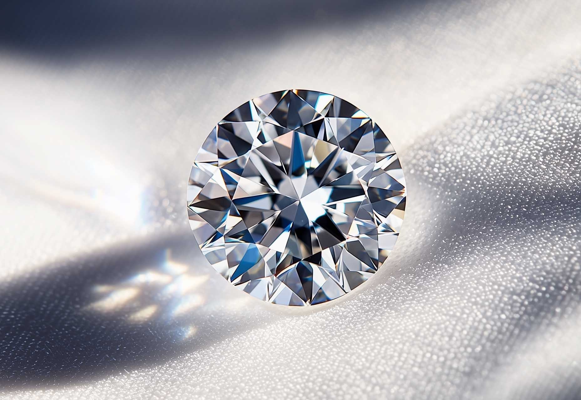 Sparkling round lab diamond on white surface