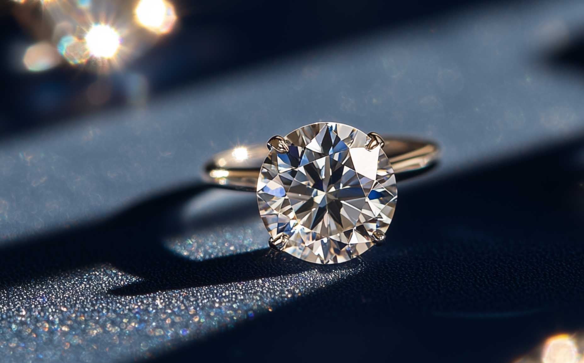 Round white gold engagement ring on blue surface