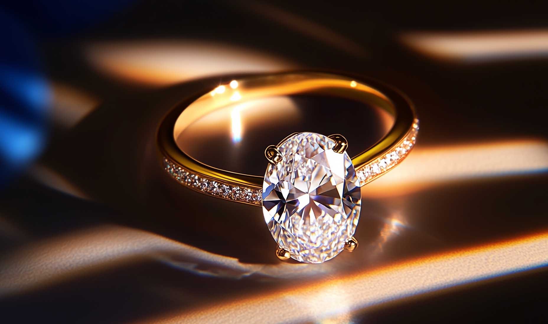 Oval engagement ring with sidestones in the sunlight