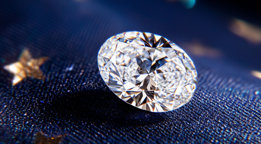 A close-up of a round brilliant-cut diamond placed on a dark blue textured surface with star-like reflections.