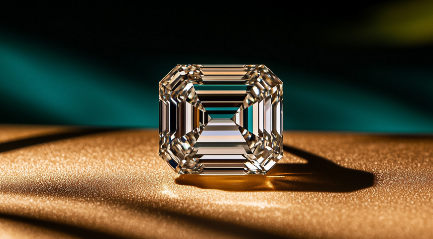 A close-up image of an Asscher-cut diamond with step-cut facets, resting on a shimmering golden surface, illuminated against a dark background with a teal gradient.