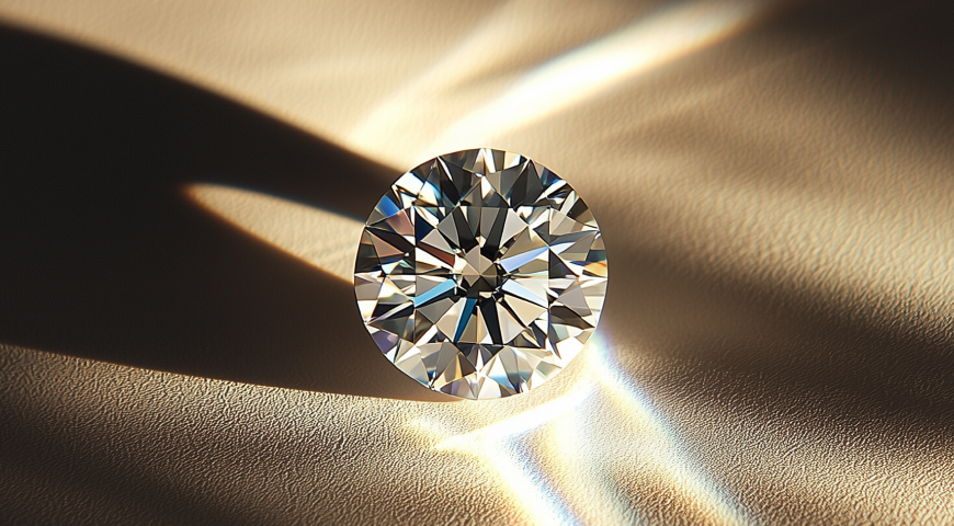 A round brilliant-cut diamond placed on a textured beige surface, reflecting light to create vibrant rainbow patterns, with dramatic shadows in the background.