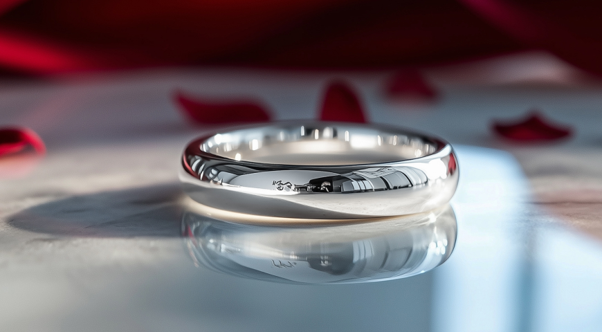 A sleek silver wedding band resting on a reflective surface, surrounded by soft red rose petals in the background.