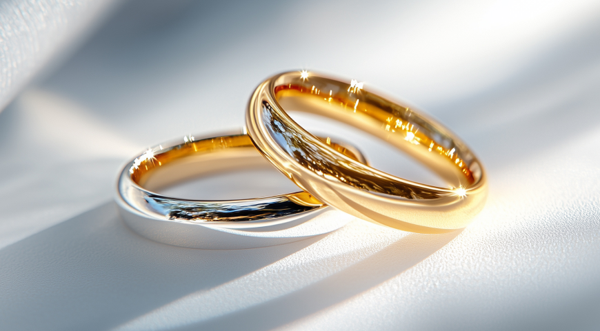 A pair of wedding bands, one gold and one silver, positioned together on a white surface with soft lighting creating a radiant sparkle.
