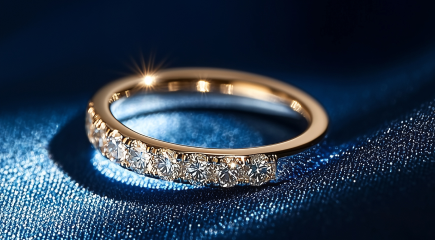A gold wedding ring adorned with a row of sparkling diamonds, set against a deep blue textured fabric.