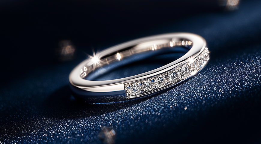 A slim silver wedding band with pavé-set diamonds, illuminated on a dark blue background with shimmering reflections.