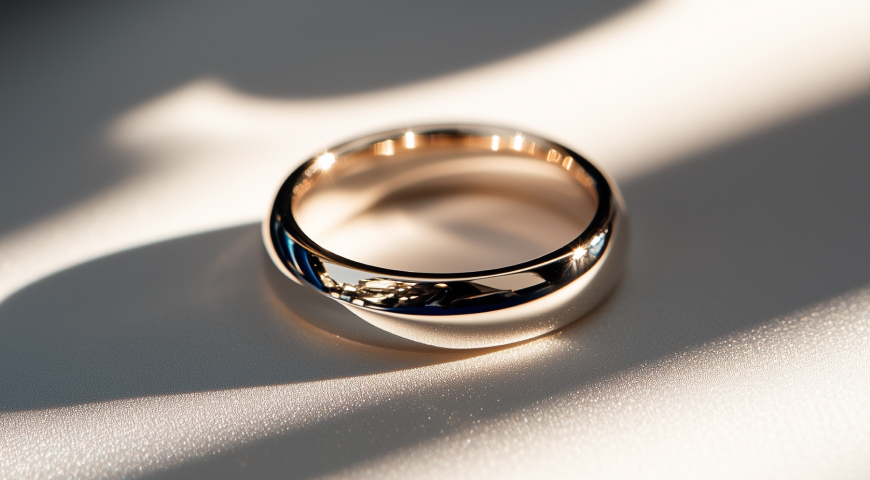 A warm rose gold wedding band positioned on a white surface, with soft shadows and sunlight creating a serene effect.