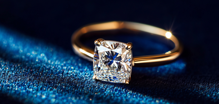 Engagement ring with a cushion cut diamond on blue surface