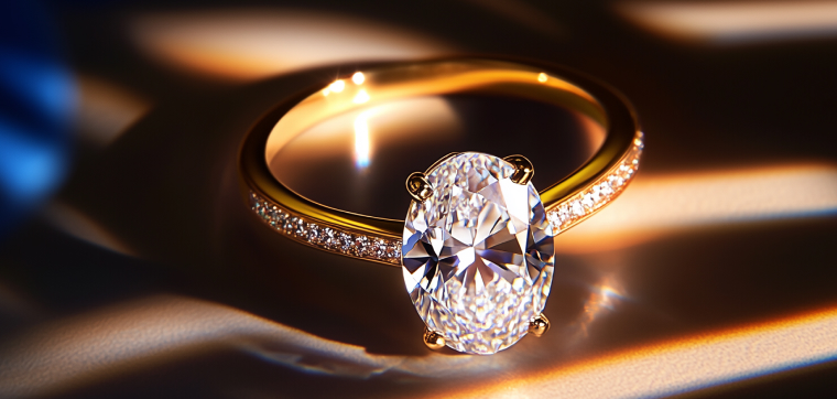 Engagement ring with side stones and oval diamond in the sunlight
