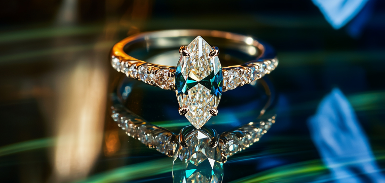 Engagement ring with marquise-cut center stone on glossy surface