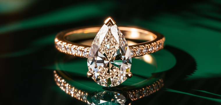 Engagement ring with pear cut diamond on glossy green surface