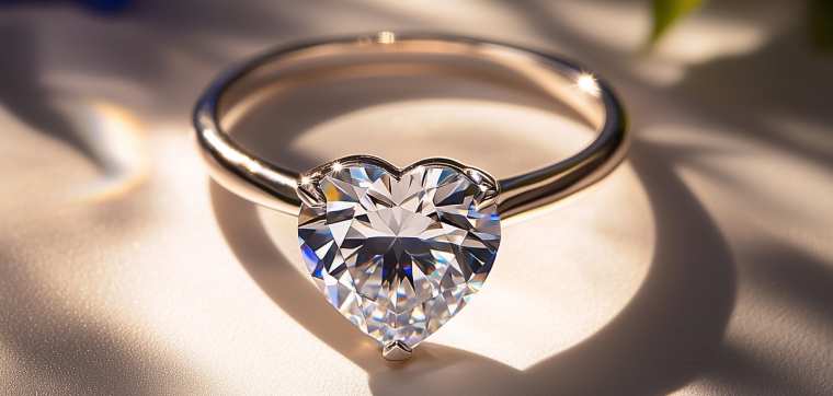Engagement ring with a heart-shaped diamond on white surface