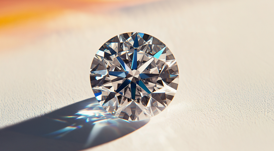 A close-up of a round brilliant-cut diamond placed on a white glossy surface with orange light reflections.