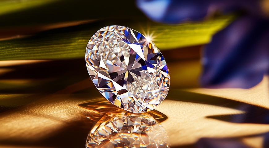 A brilliant round-cut diamond in the sunlight, with blurred purple flowers in the foreground.