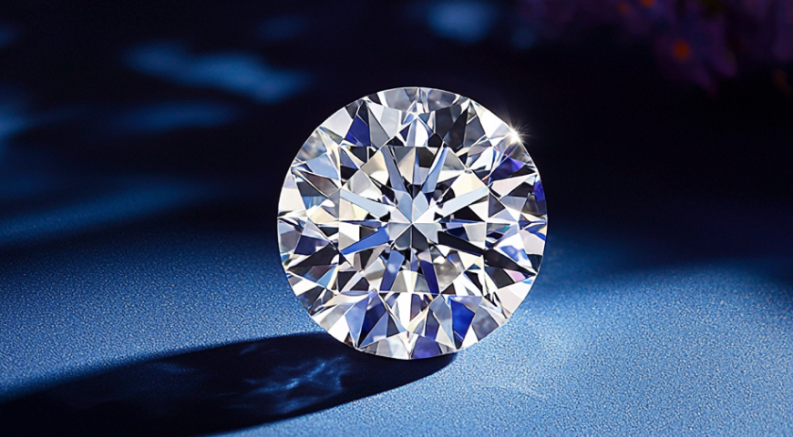A brilliant round-cut diamond displayed on a textured blue surface.