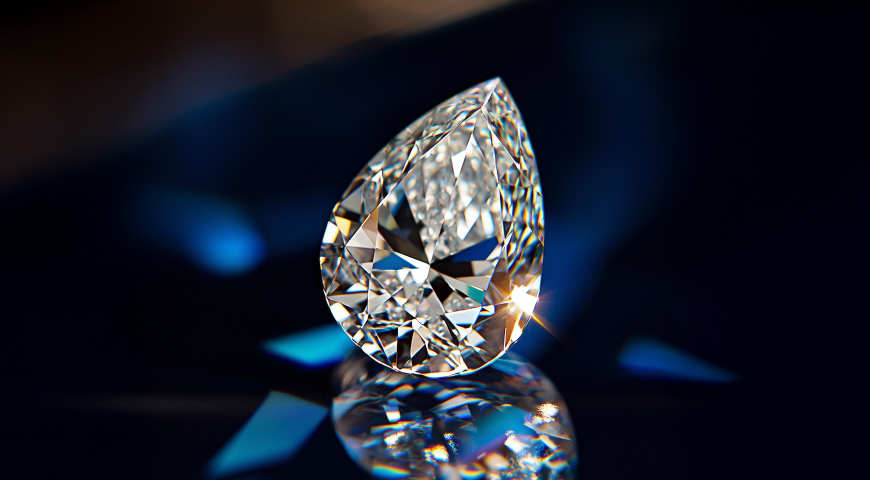 A close-up image of a sparkling pear-shaped diamond, reflecting light in various colors, set against a dark background.