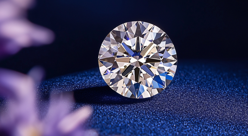 A brilliant round-cut diamond displayed on a textured blue surface, with blurred purple flowers in the foreground.