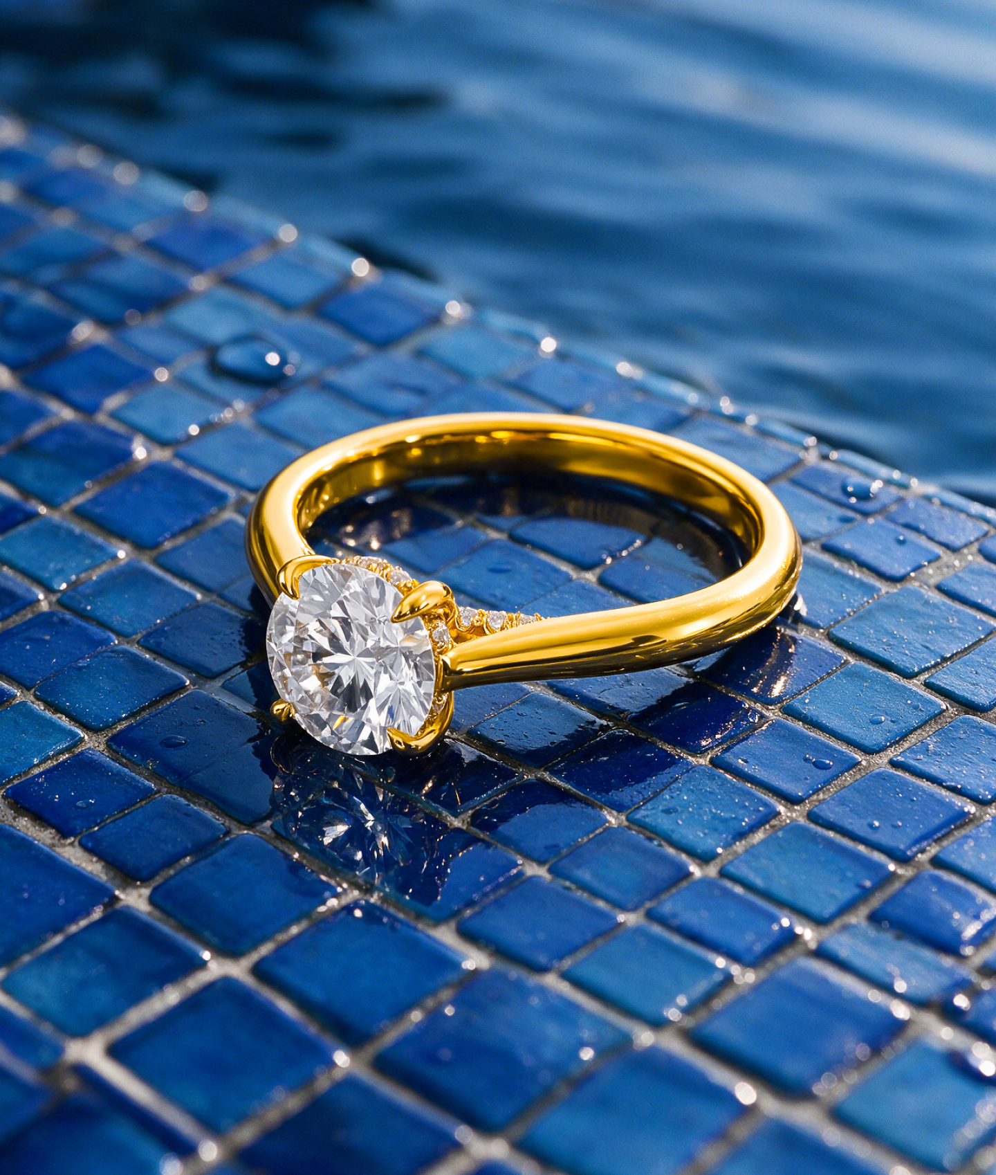 Diamond engagement ring on a Brilliance blue surface