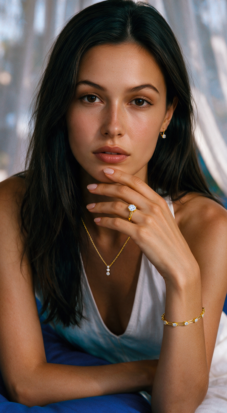 Model wearing a diamond engagement ring