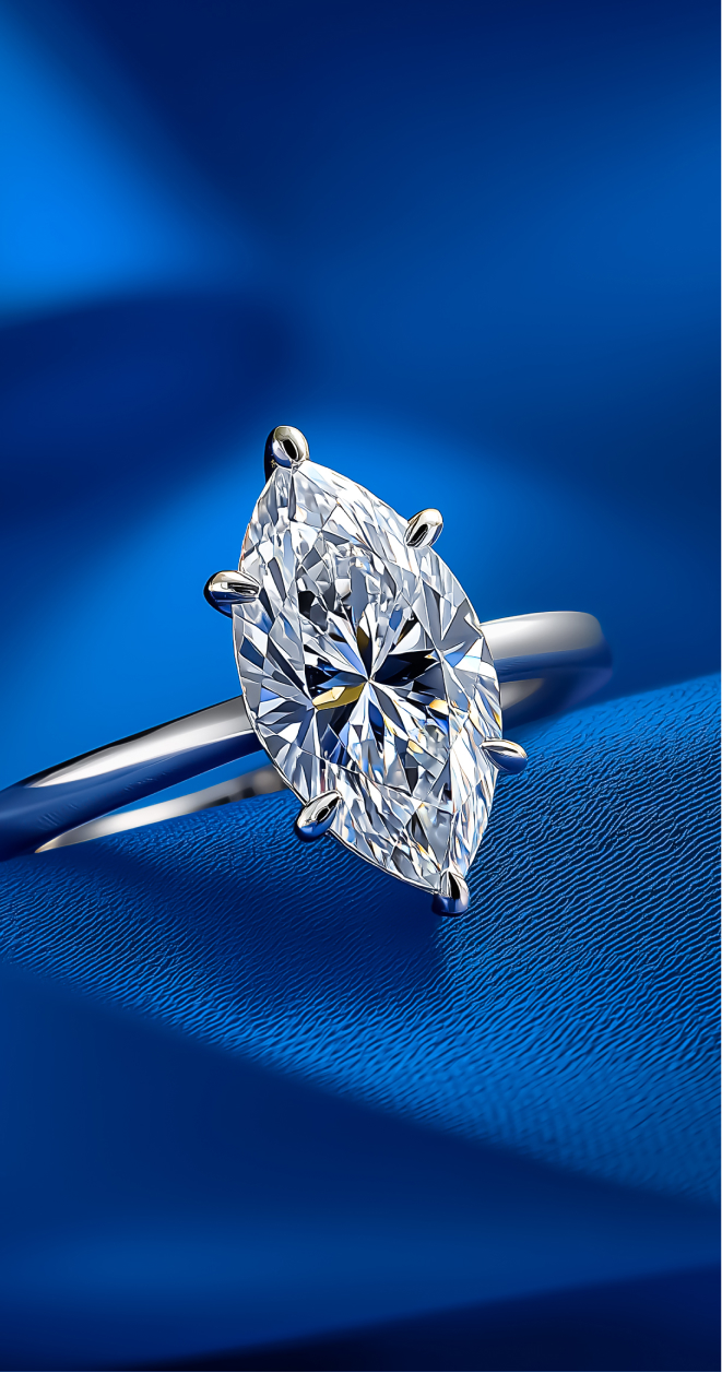 Diamond jewelry styled on a soft background.
