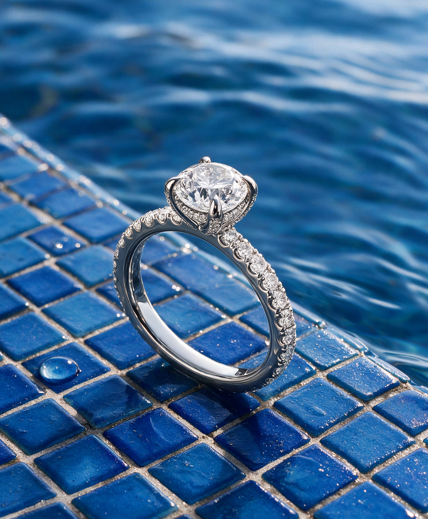 Close-up of a diamond engagement ring in white gold
