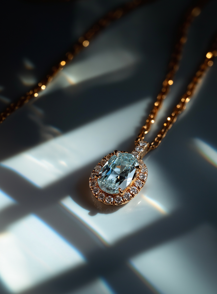 gold necklace with a large light blue gemstone
