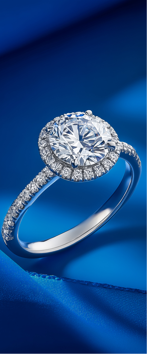 White gold halo engagement ring on blue surface.