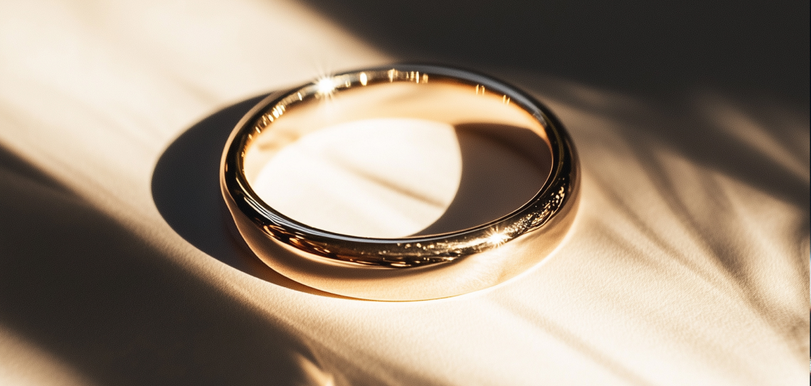 Mens gold wedding ring in the sunlight