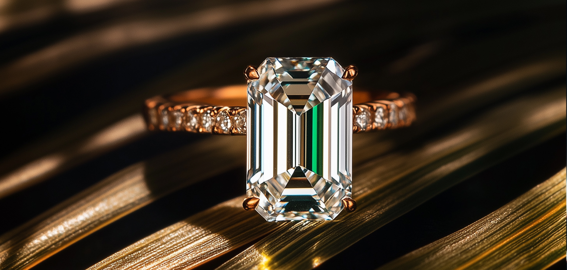 Yellow gold engagement ring with side stones and emerald center stone