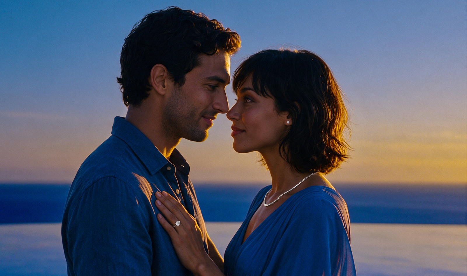 Couple wearing a diamond engagement ring at golden hour