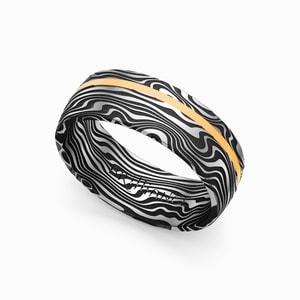 Damascus Mens Ring With Yellow Gold Inlay in Steel