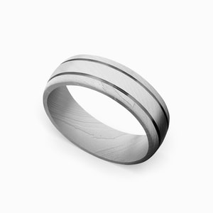 Bead Blasted Mens Damascus Steel Ring With Groove Details (7mm)