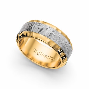 The Big Bang - Meteorite Inlay Mens Wedding Band In Hammered Yellow Gold
