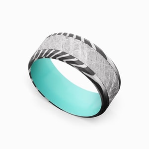 Mens Blue Sleeve Wedding Ring (Damascus And Meteorite) - 9mm