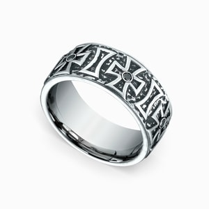 Mens Wedding Ring With Crosses And Black Diamond