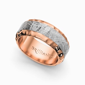 Daybreaker - Mens Band with Meteorite Inlay in Hammered Rose Gold (9mm)
