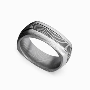 Flat Twist Damascus Steel Square Mens Wedding Ring