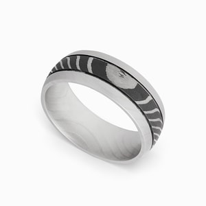 Domed Damascus Steel Mens Wedding Band With Two Accent Grooves
