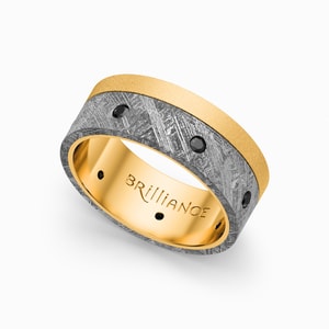 Gibeon Meteorite Ring With Black Diamonds In Yellow Gold (8mm)